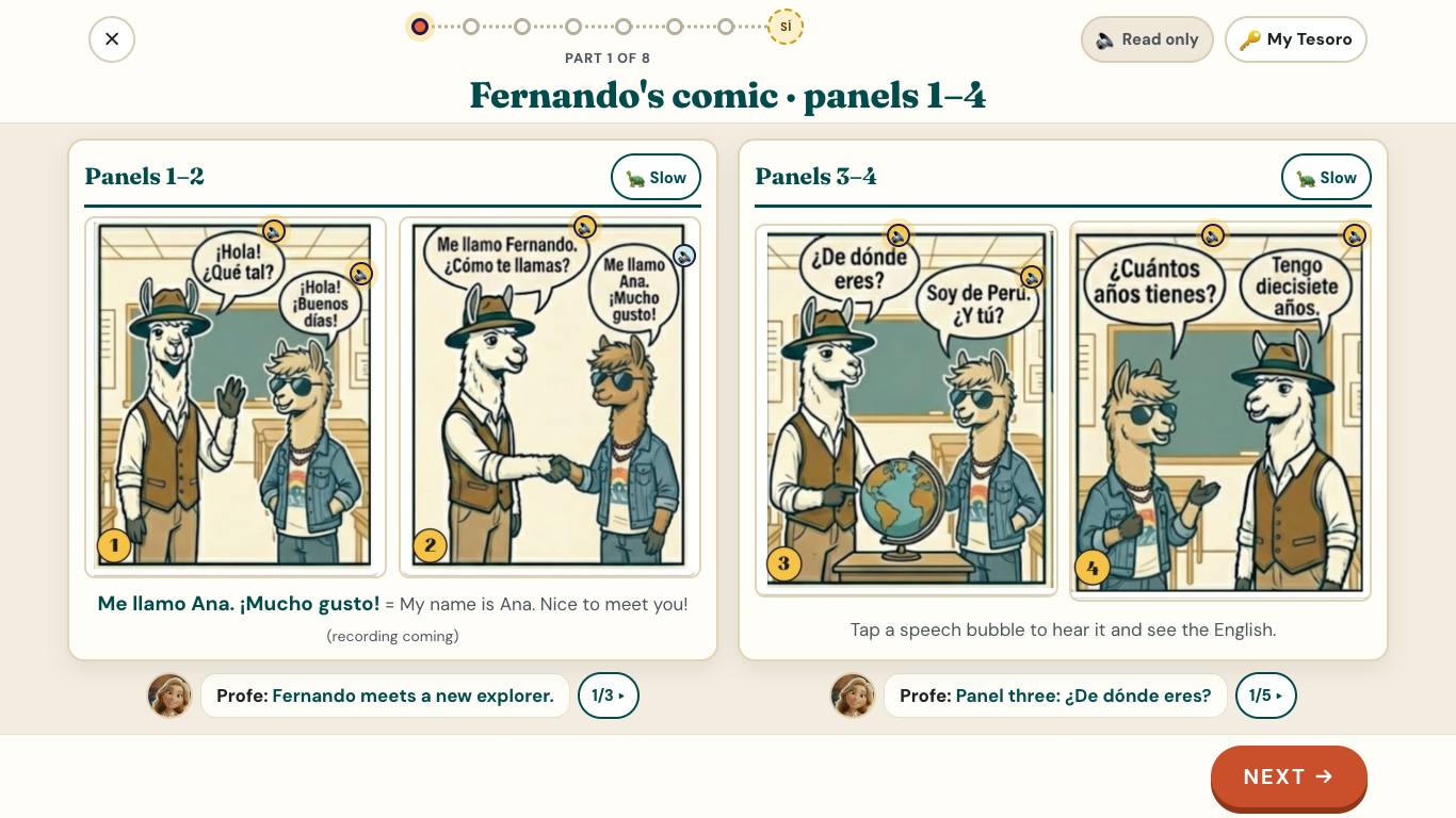 A lesson step: Fernando's comic, with the progress dots across the top