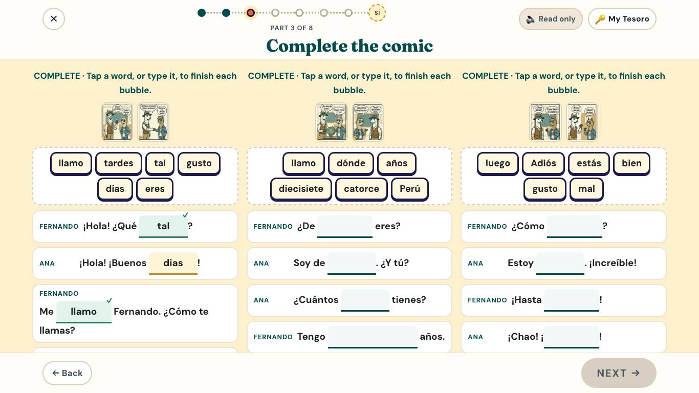 A practice screen: complete the comic by tapping the right Spanish words