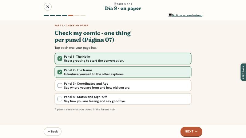 A check-off screen: each panel checked, and a note that a parent sees it in the Parent Hub
