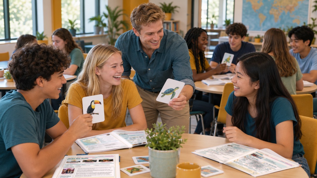 A co-op class works in pairs with picture cards and Student Workbooks while their teacher helps