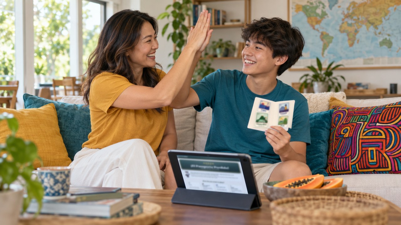 A mom and her teen son high-five over the escape room game, his passport of stamps on the table