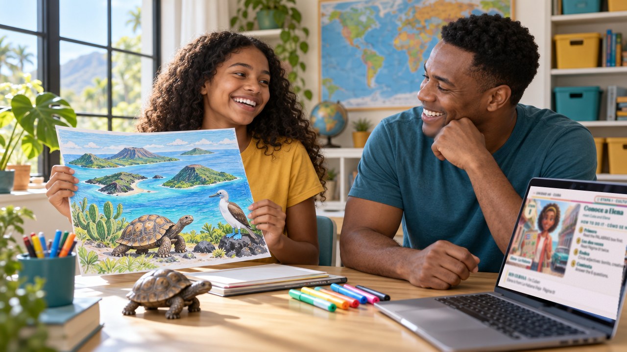 A dad and his teen daughter laugh over her island poster, the Unidad 06 lesson on the laptop