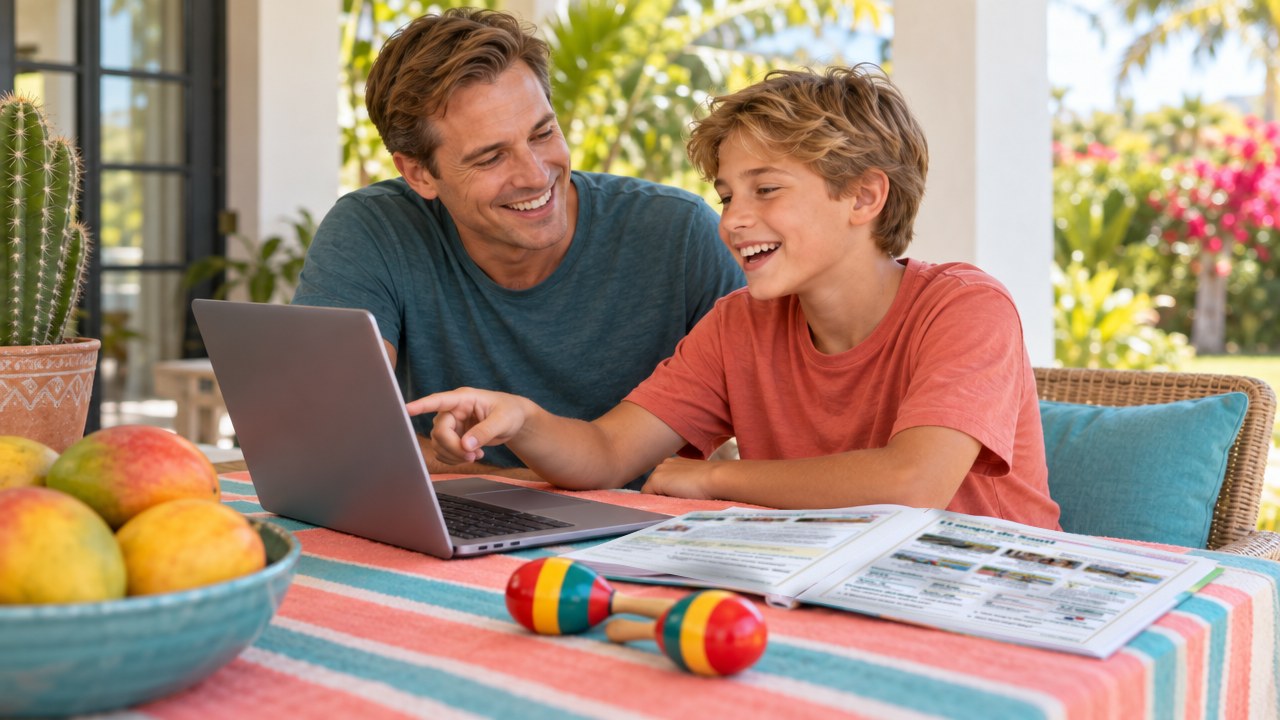 A dad and his middle school son on the porch, the Unidad 04 Student Workbook open beside the laptop