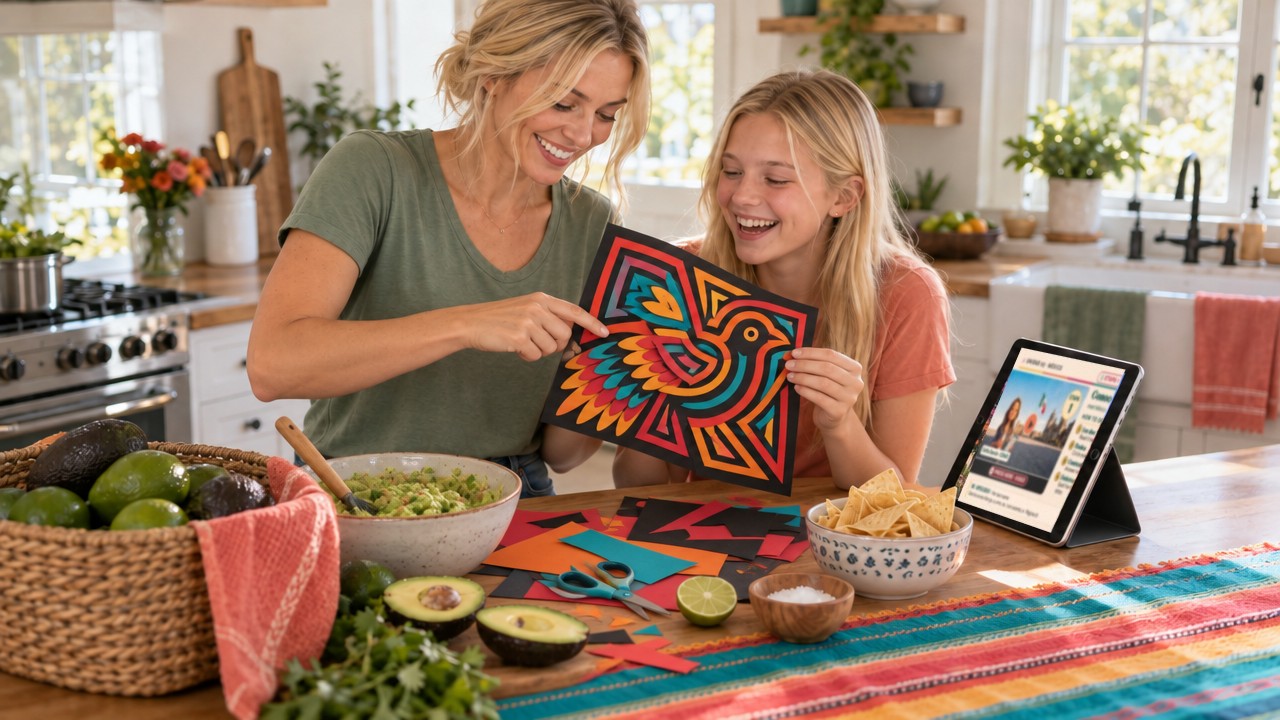 A mom and her teen daughter laugh as they hold up the paper mola bird they made, with guacamole and chips for a snack, while the Unidad 03 lesson plays on the tablet