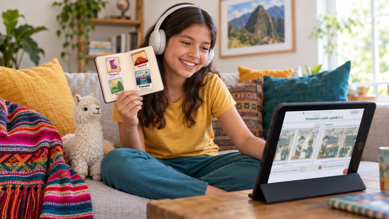 A middle school student on the couch holds up her passport of stamps while Fernando's comic plays on her tablet