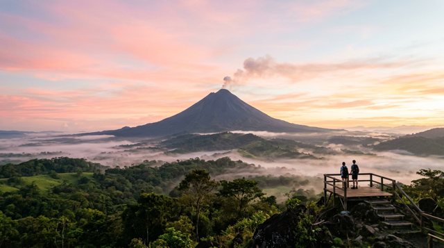 Arenal Volcano at sunrise above the rainforest, Costa Rica
