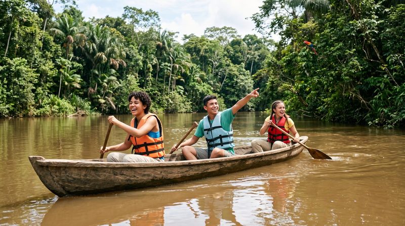 Teens paddle a canoe on a river in the Amazon rainforest of Ecuador