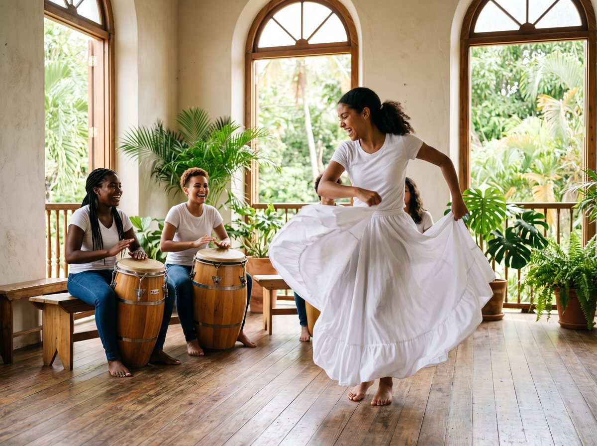 Teens drum on bomba barrels while a teen dances in a sunny room in Puerto Rico