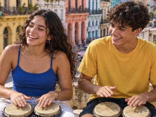 Two teens play bongó drums on a colorful street in La Habana