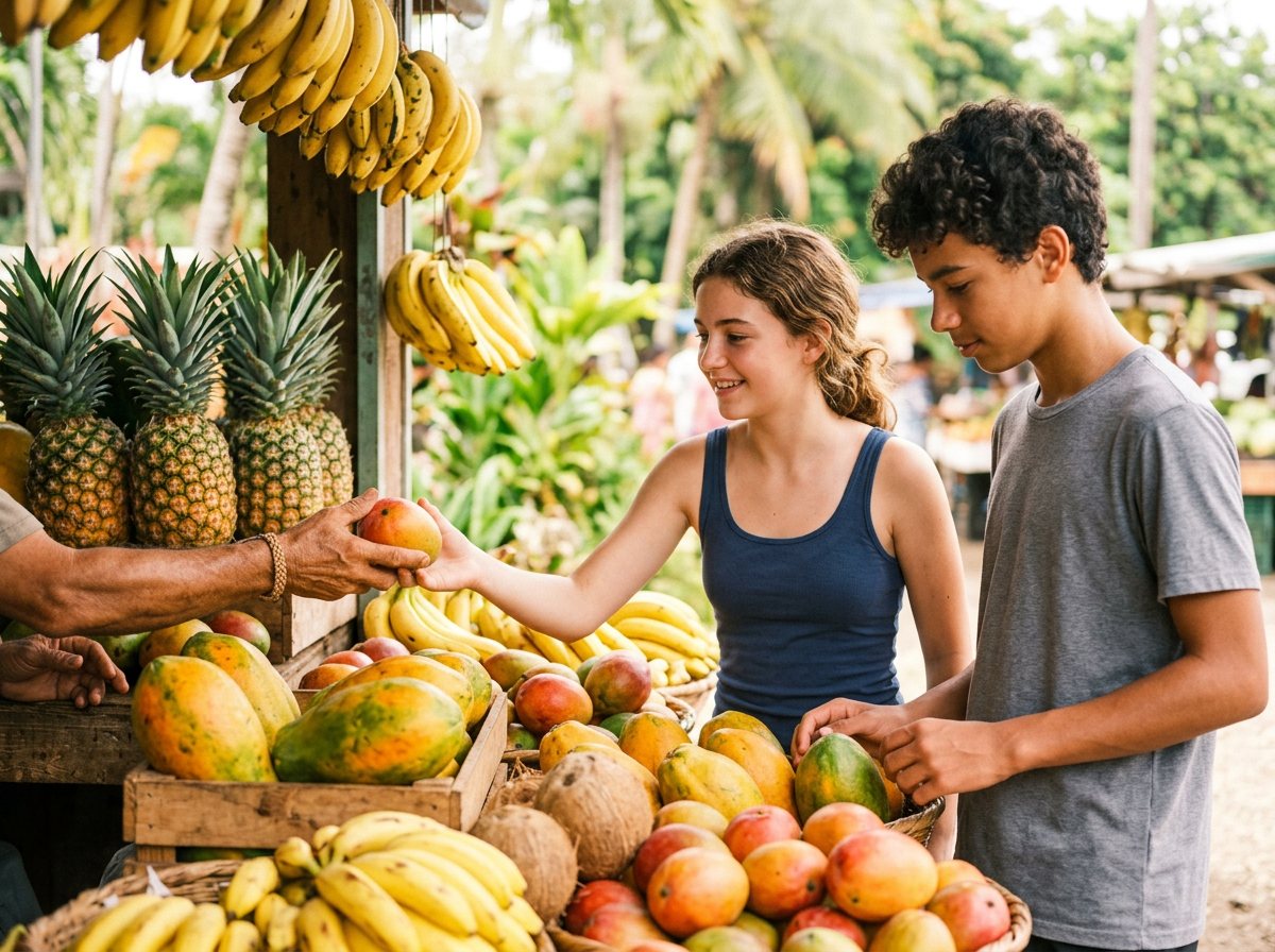 Two teens choose mangoes and papayas at a fruit market in Costa Rica
