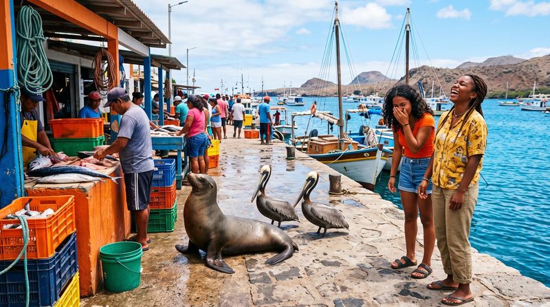 Sea lions and pelicans at a fish market dock in the Galápagos Islands