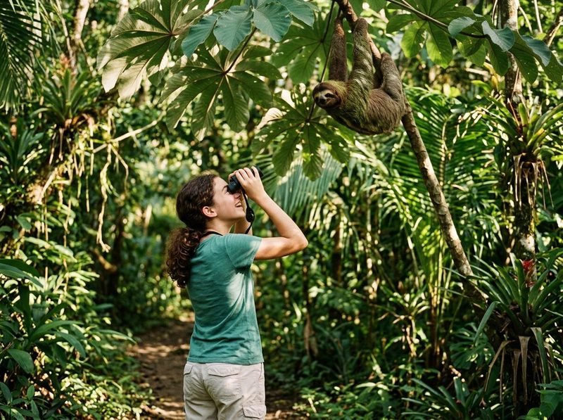 A teen with binoculars spots a sloth hanging in the rainforest
