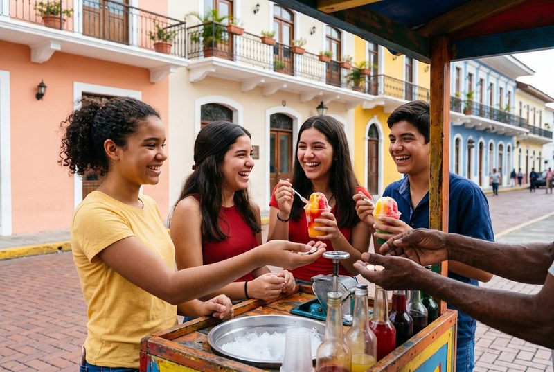 Teens buying raspao, shaved ice, from a street cart in Panamá's old town