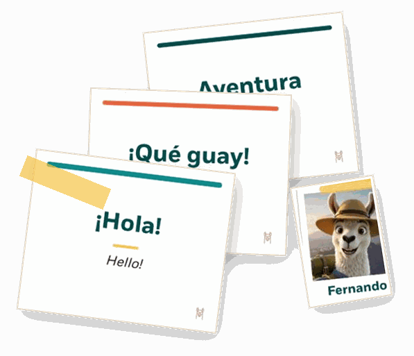 Three real Unidad 01 flashcards, ¡Hola!, ¡Qué guay! and Aventura, with Fernando's photo card