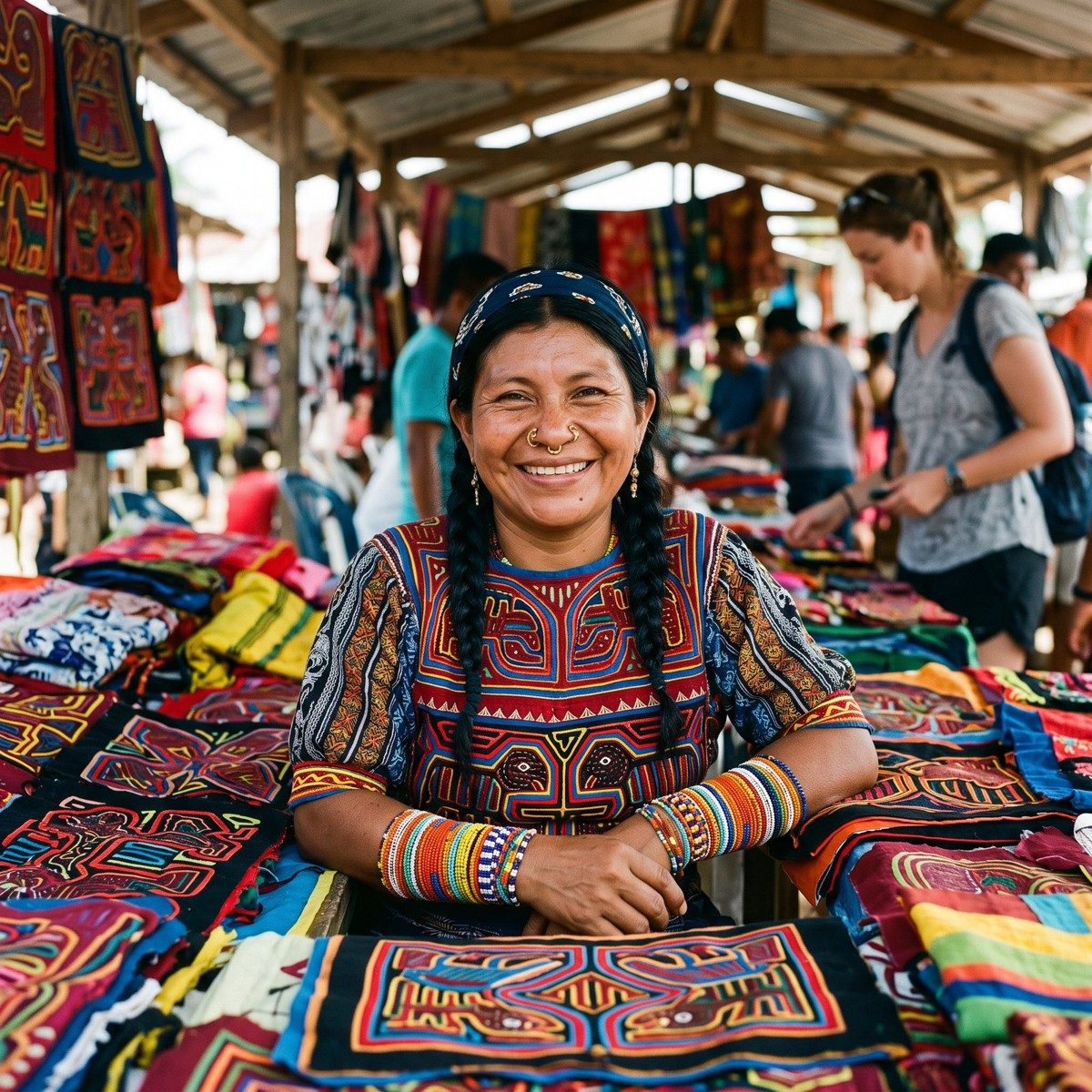 A mola artist smiling among her colorful molas at a market in Panamá