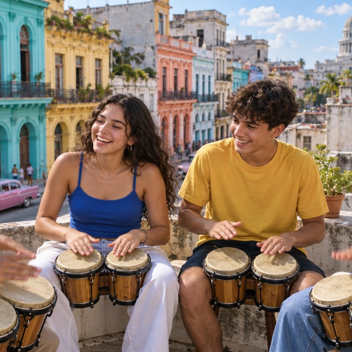 Two teens play bongó drums on a colorful street in La Habana