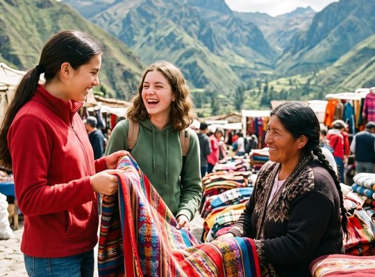 Teens look at woven textiles with a vendor at a market in the Andes of Ecuador