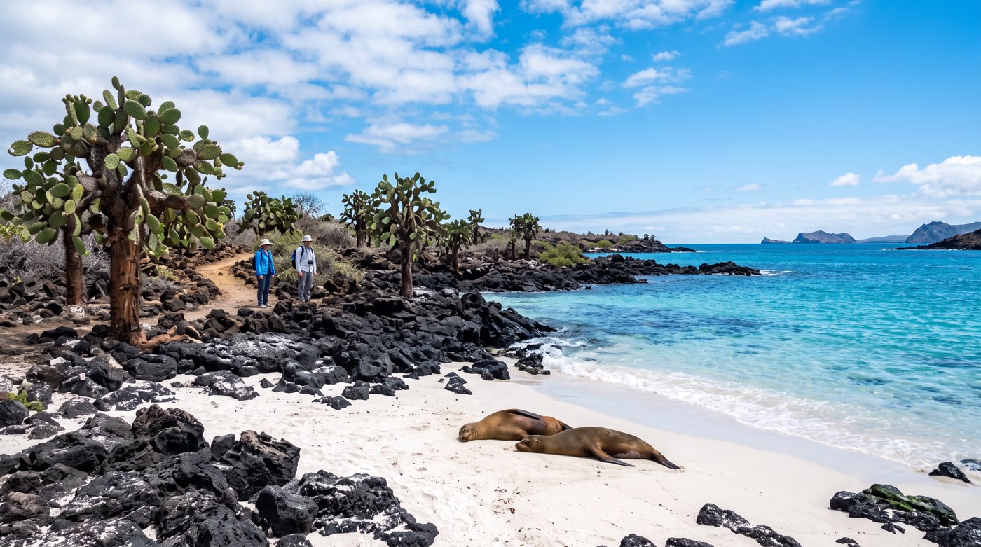Sea lions resting on a white beach in the Galápagos Islands, Ecuador, below giant cactus trees