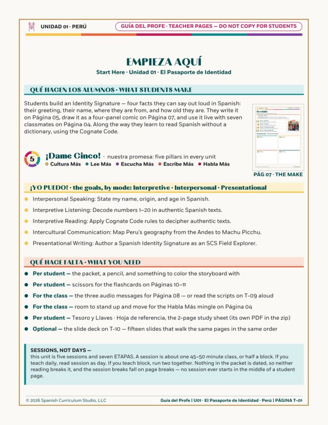 The first page of the real Unidad 01 Parent Guide: Empieza aquí, start here