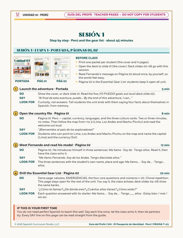 A real day plan from the Parent Guide: Sesión 1, step by step
