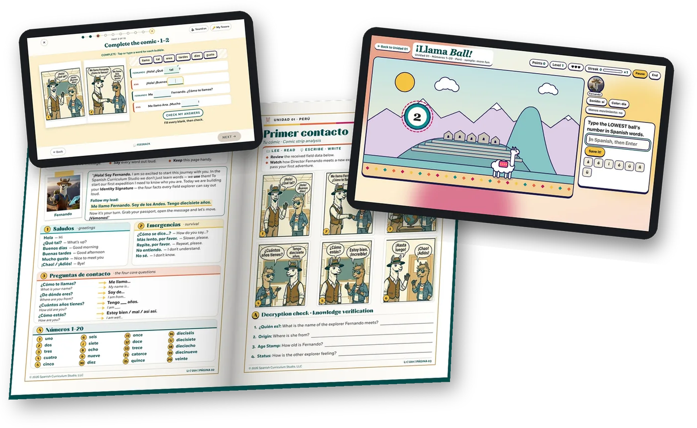 The real course, on paper and on screen: the open Unidad 01 Student Workbook, ¡Llama Ball! mid-game on a tablet, and the self-grading comic with an answer turning green
