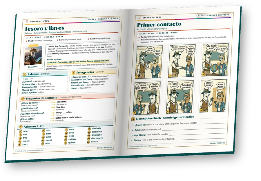 The real Unidad 01 Student Workbook, open: the Tesoro y llaves teaching page and the Primer contacto comic page