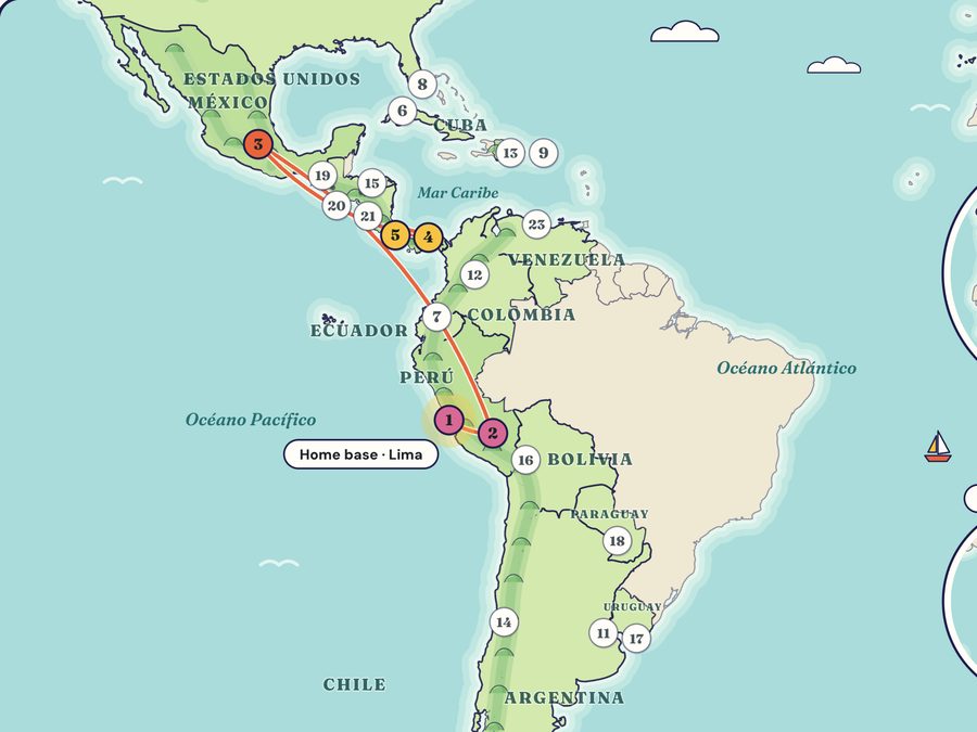 The live route map: the travel line from Lima through the first stops