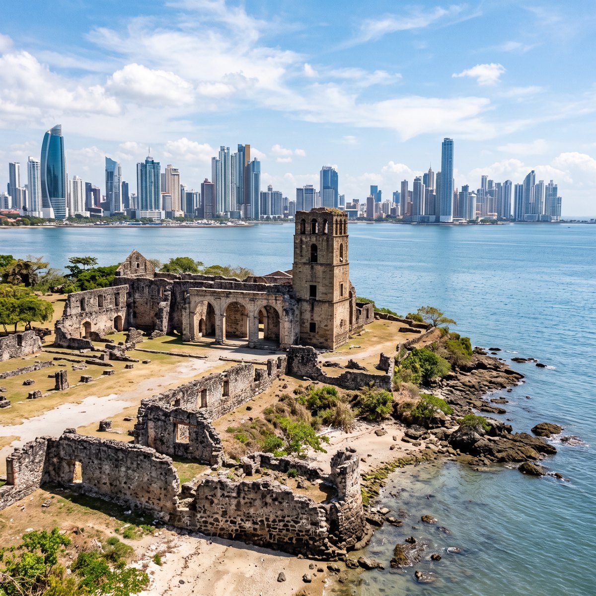 The ruins of Panamá Viejo, with Panama City's skyline across the bay