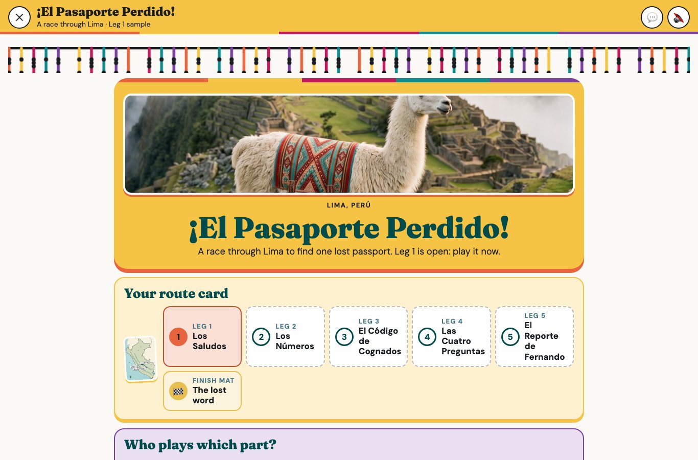 The race game ¡El Pasaporte Perdido! through Lima, with a llama above Machu Picchu