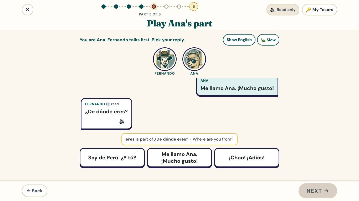 A real Day, Unidad 01 Day 3: your teen plays Ana's part in a conversation with Fernando, picking each reply in Spanish
