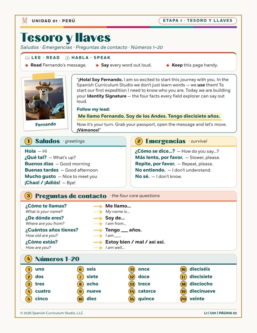 A real Student Workbook page: Tesoro y llaves, with greetings, the four contact questions and the numbers 1–20