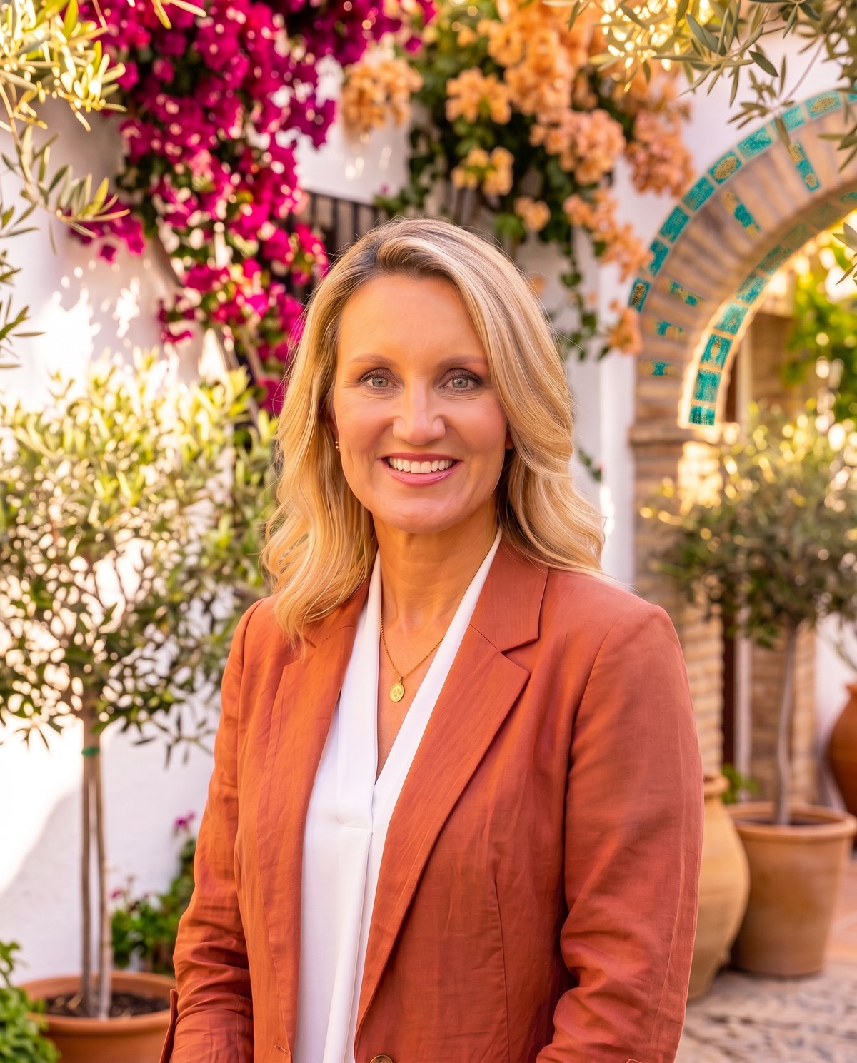Julie Endsley, Profe Endsley, smiling in a sunny courtyard